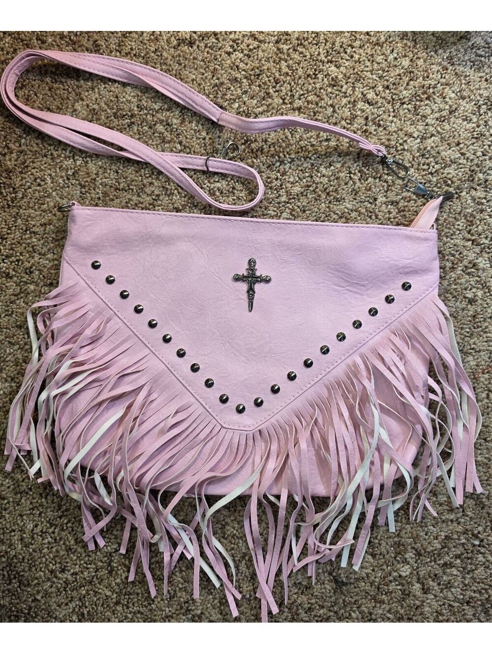 Pink Faux Leather Fringe Crossbody Bag with Studded Detail